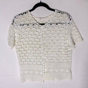 Vintage Cream Crochet Lace Knit Button Front Short Sleeve Cardigan M